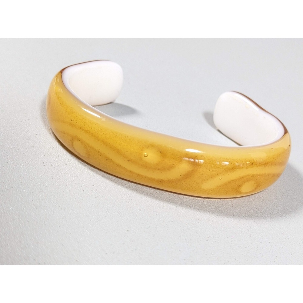 Brown White Glass Open Cuff Bangle Bracelet 6.5 inches